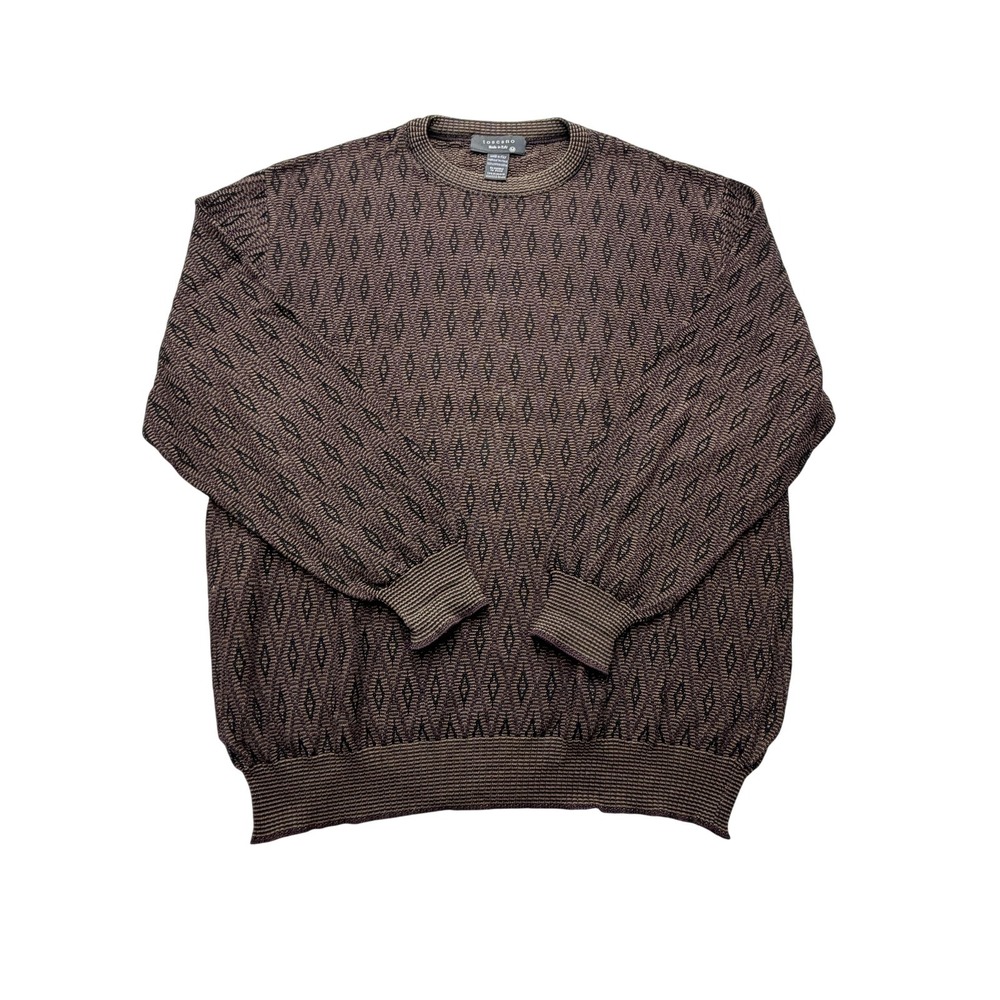 Toscano Sweater Mens Medium Brown 100% Cotton Geometric Crewneck‎ Made Italy